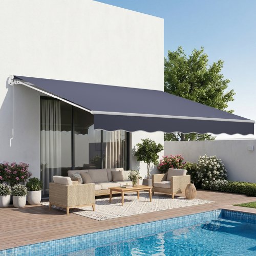 VEVOR Toldo Manual Retráctil 350 x 300 cm, Toldo Enrollable Exterior con Manivela Articulada, Protección Solar UV, Soporte de Aluminio, Parasol Plegable para Patio Balcón Terraza Jardín, Gris Oscuro