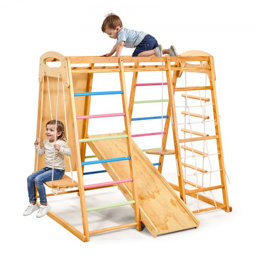 VEVOR 9 en 1 Parque Infantil de Madera para Interior, Carga 113 kg Juego de Escalada Montessori con Columpio, Barra de Mono, Tobogán, Escalera de Madera/Cuerda, Red de Escalada, Barra, Roca, Colorido