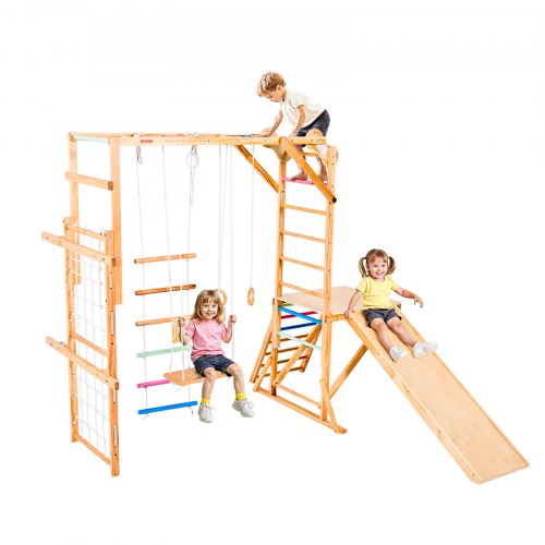 VEVOR 8 en 1 Parque Infantil de Madera para Interior, Carga de 100 kg Juego de Escalada Montessori con Columpio, Barra de Mono, Tobogán, Anillas, Escalera de Madera/Cuerda, Red, Roca, Colorido