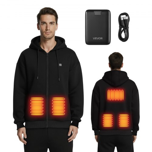 VEVOR Sudadera con Capucha Calefactable Unisex, con Cremallera Completa y Batería 7,4 V 16 000 mAh, 5 Zonas Calefacción, 3 Niveles Temperatura 40/50/60 °C, a Acampadas en Invierno, Negro, Talla L