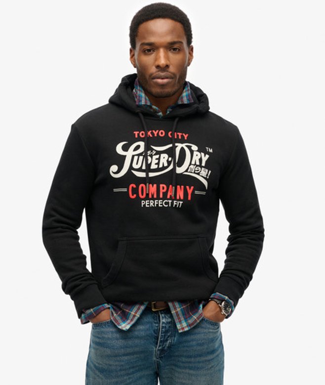 Superdry Men's Perfect Fit Hoodie mit Schriftzug Schwarz - Größe: Xxl