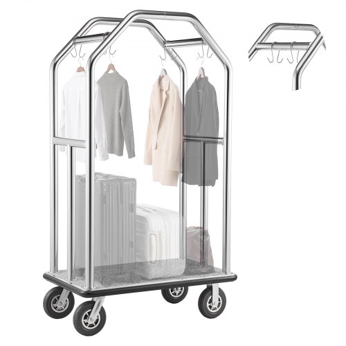 VEVOR Hotellbagagevagn, 680,39 kg kraftig Bellman-vagn med ram i rostfritt stål, 203 mm gummihjul, grått heltäckningsmatta, kommersiell bagagehållarvagn med rullstol för hotell, resorter, silver