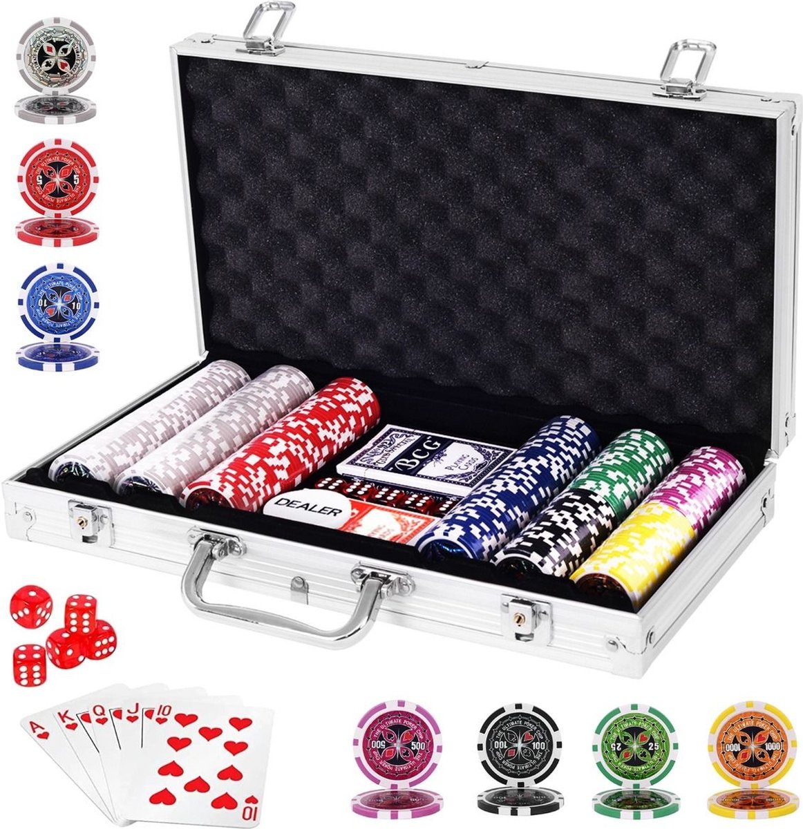 Costway Pokerset Pokerkoffer 300 Laser-Chips Alukoffer inkl. Komplettset-silber