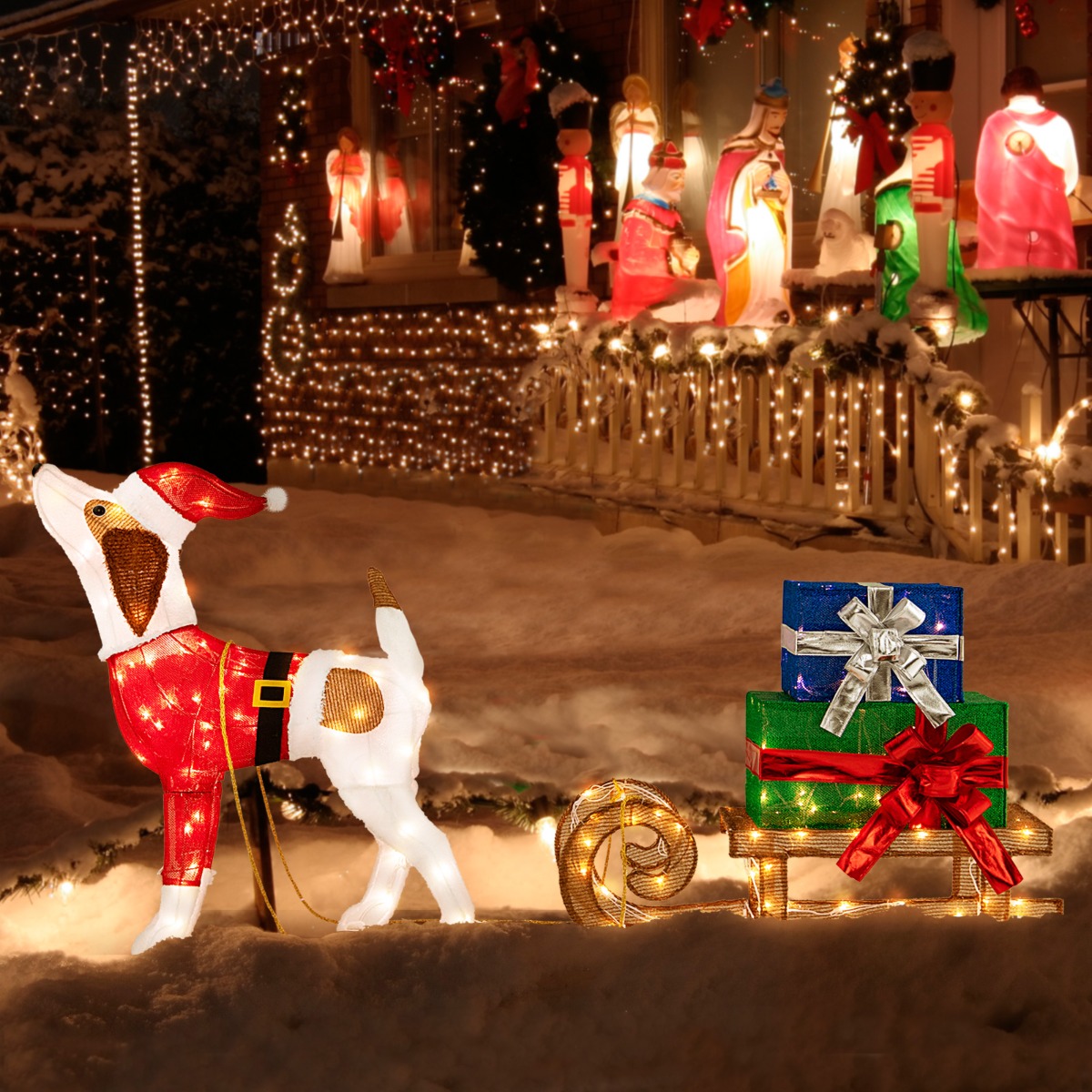 Costway Hund mit Schlitten und Geschenkboxen Weihnachtsdeko mit 170 Warmen LED Lichtern