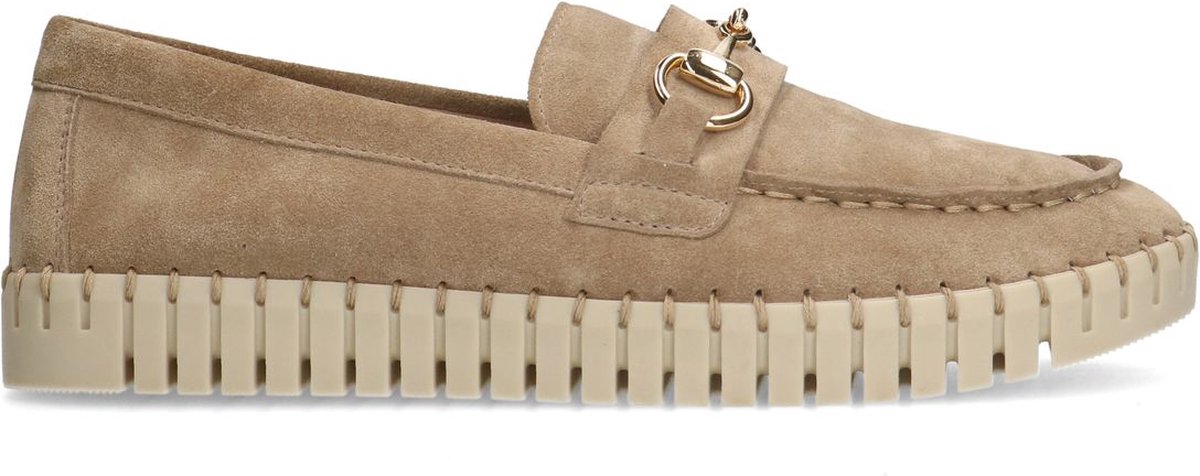 Beigefarbene Veloursleder-Loafer mit goldfarbenem Detail