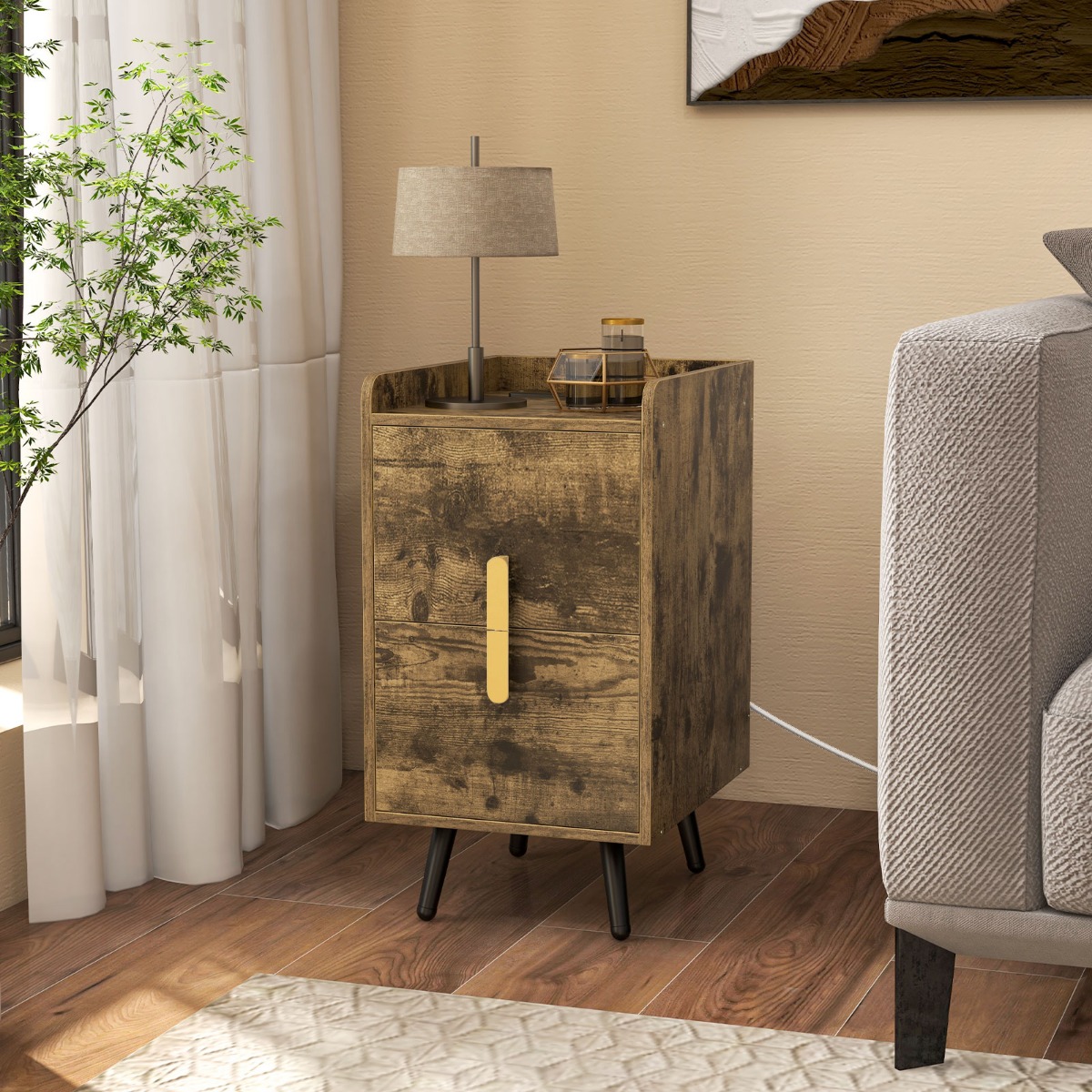 Costway Nachttisch mit Ladestation schmaler Nachtschrank mit 2 Schubladen & USB-Anschlüssen 40 x 32 x 60 cm Rustikales Braun