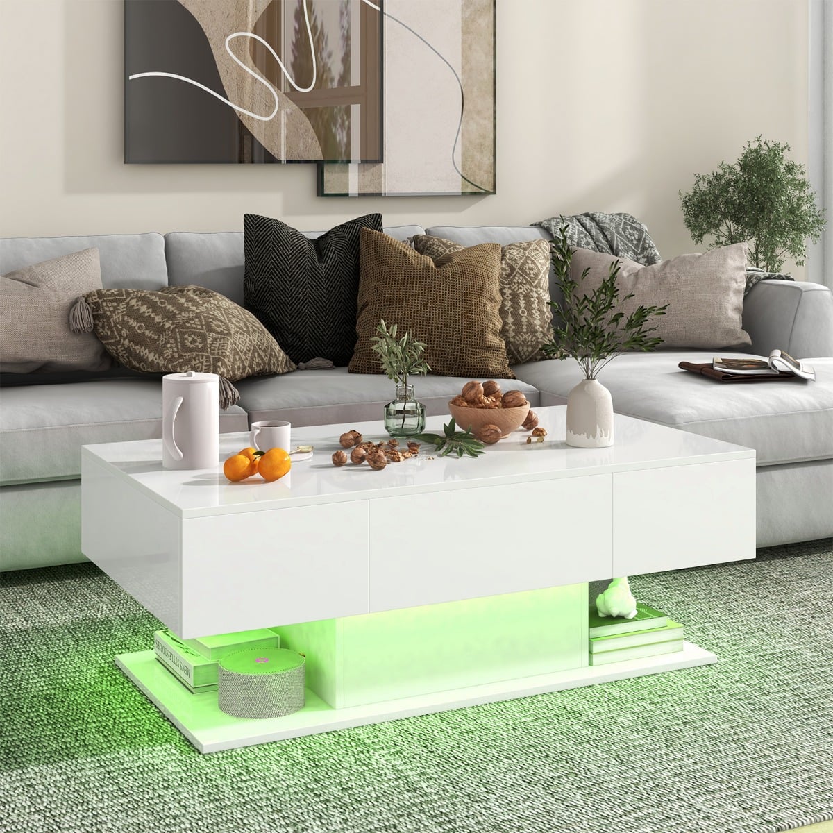 Costway Couchtisch mit LED Beleuchtung Hochglanz 20 Farben Helligkeit einstellbar 110 x 60 x 40 cm Weiß
