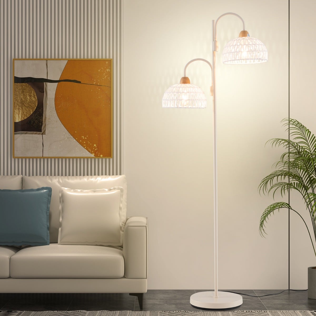 Costway Stehlampe mit 2 Lichtern & Fußschalter 350° Drehbare Baumlampe Gewebten Lampenschirmen