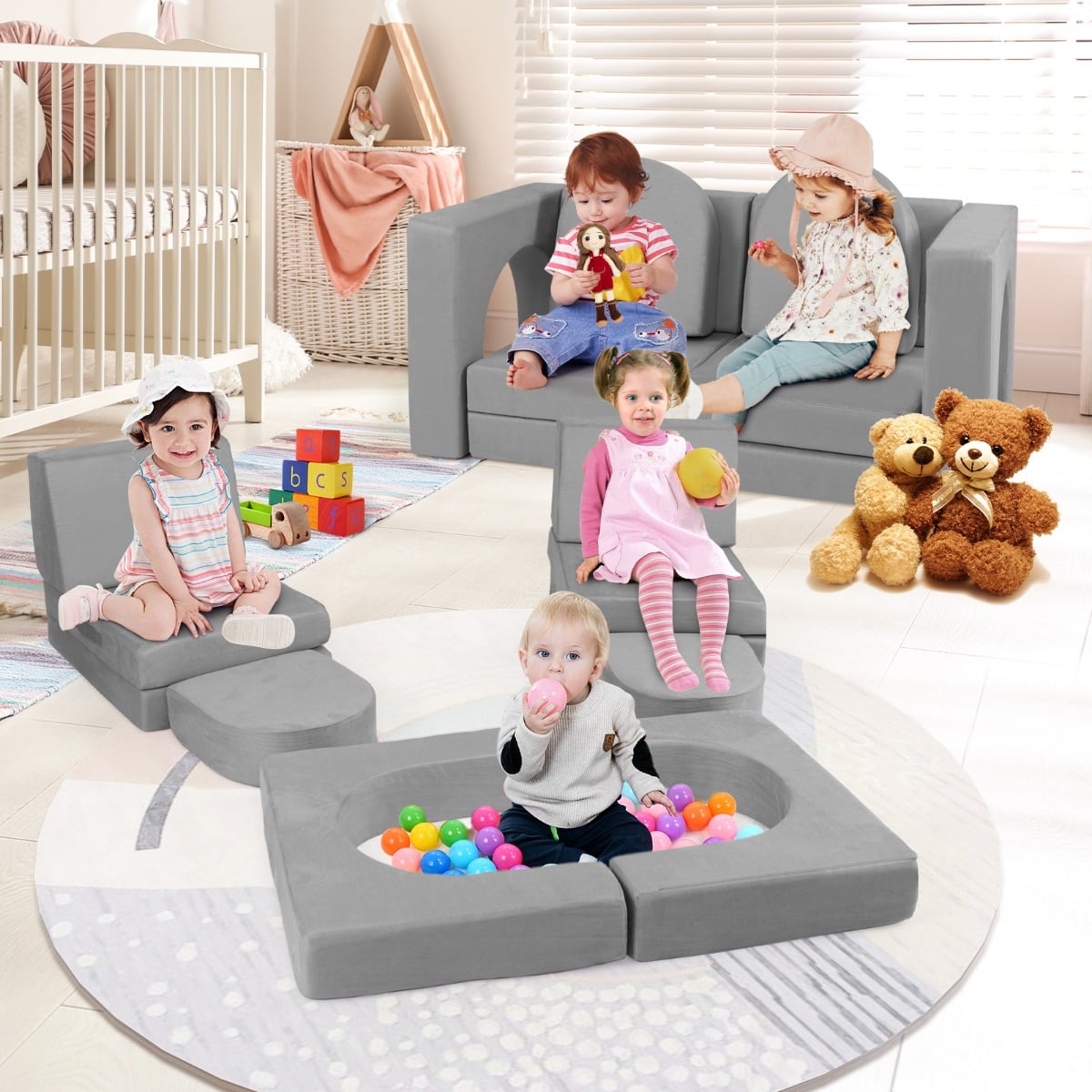 Costway Kindersofa 8-teilig Spielsofa aus Schaumstoff Bausteine mit bequemem Wildlederstoff Grau