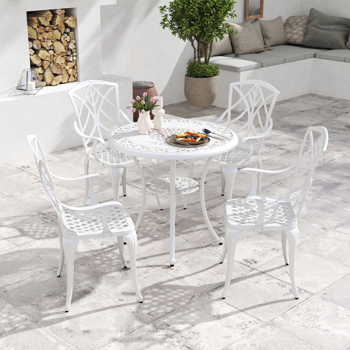 Costway 5-TLG. Gartenmöbel Set aus Aluminiumguss inkl. 4 Stühle & 1 Tisch mit Schirmloch Gartengarnitur