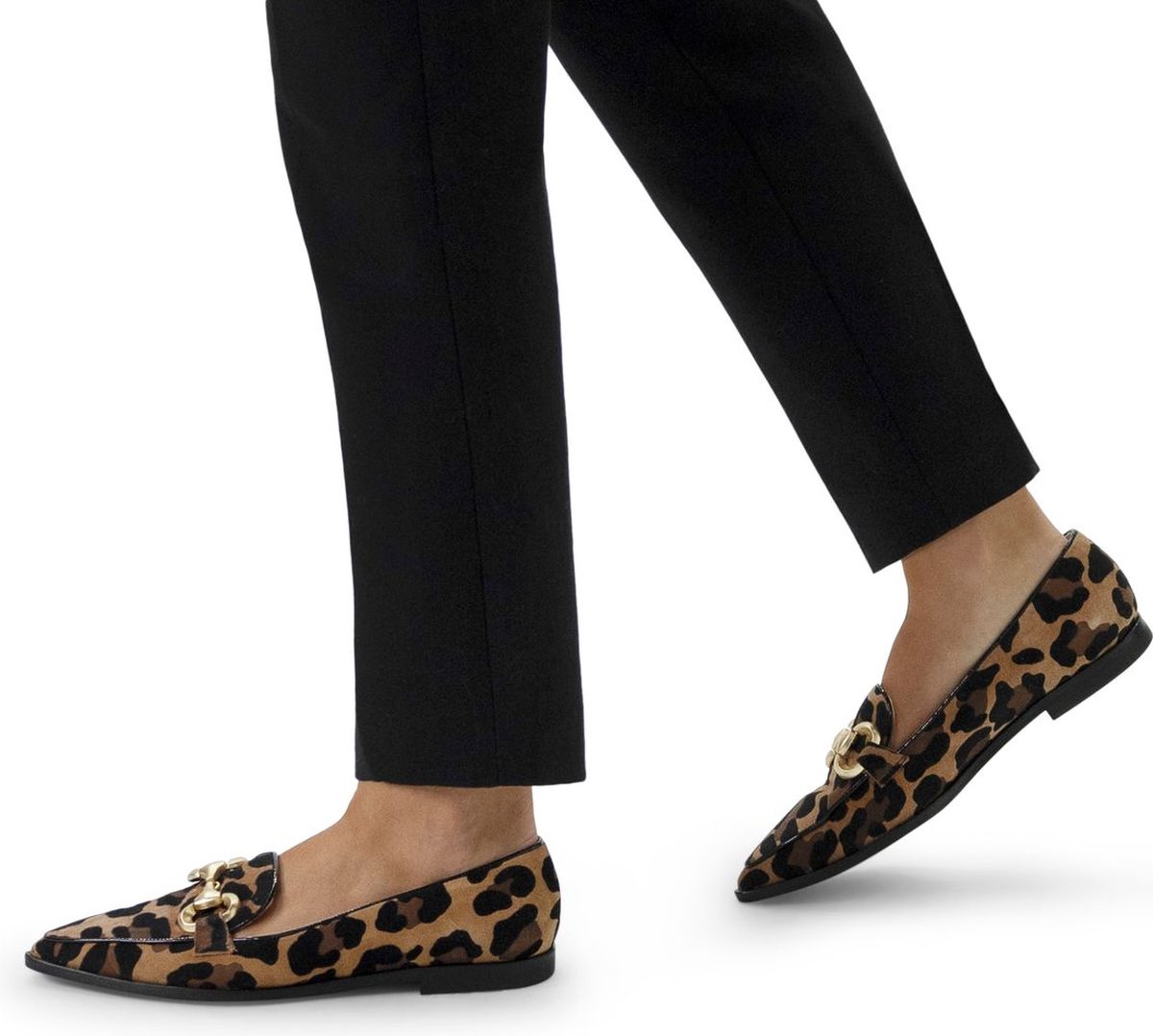 Veloursleder-Loafer mit Pantherprint und goldfarbener Kette