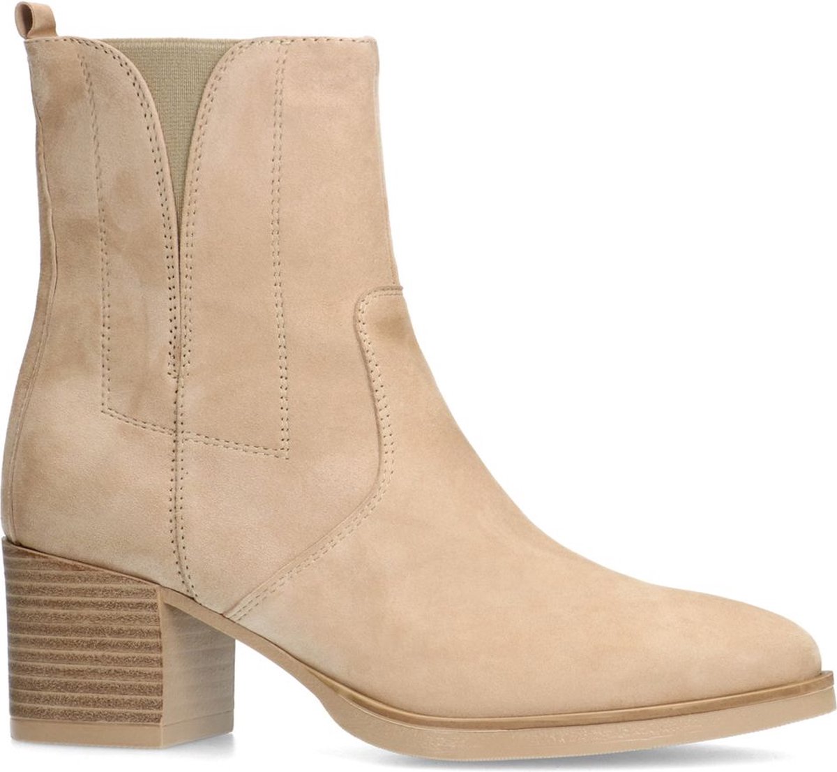 Beigefarbene Veloursleder-Stiefeletten mit Absatz