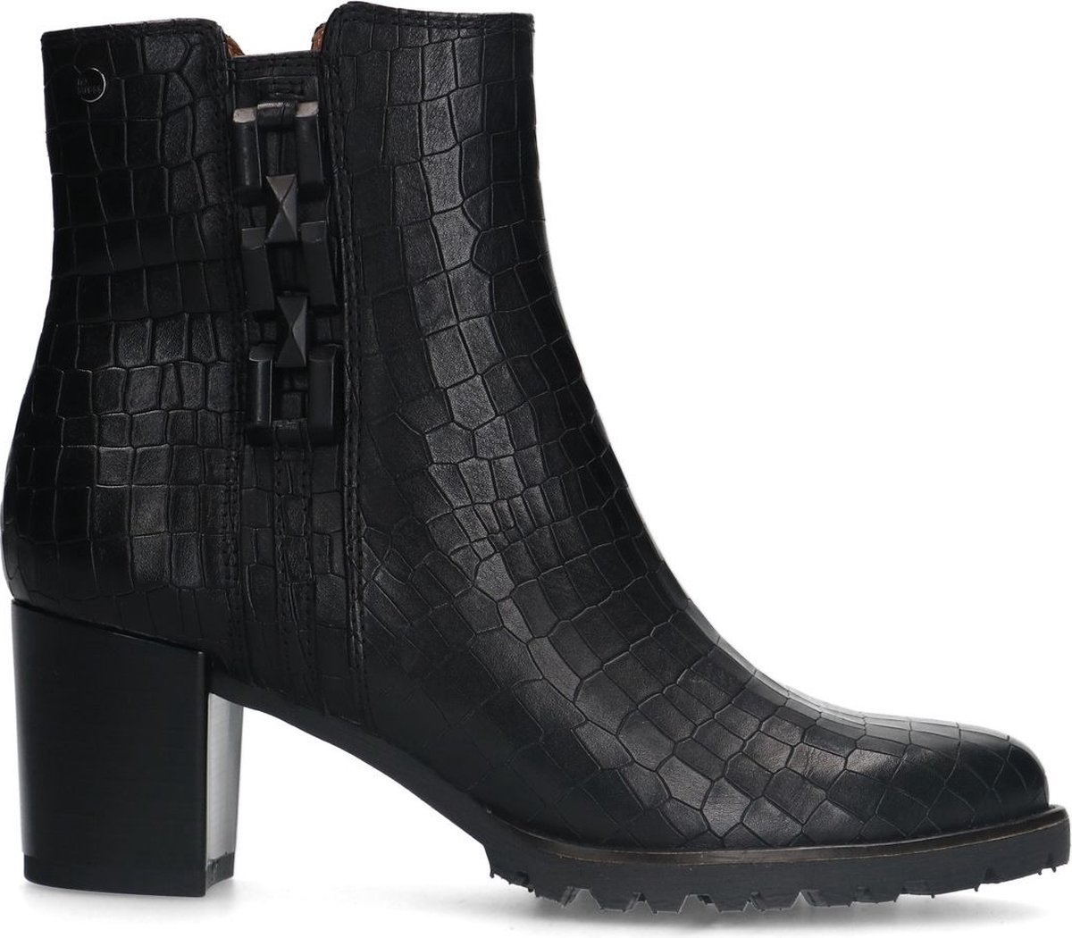 Schwarze Lederstiefeletten mit Absatz und Ketten-Detail