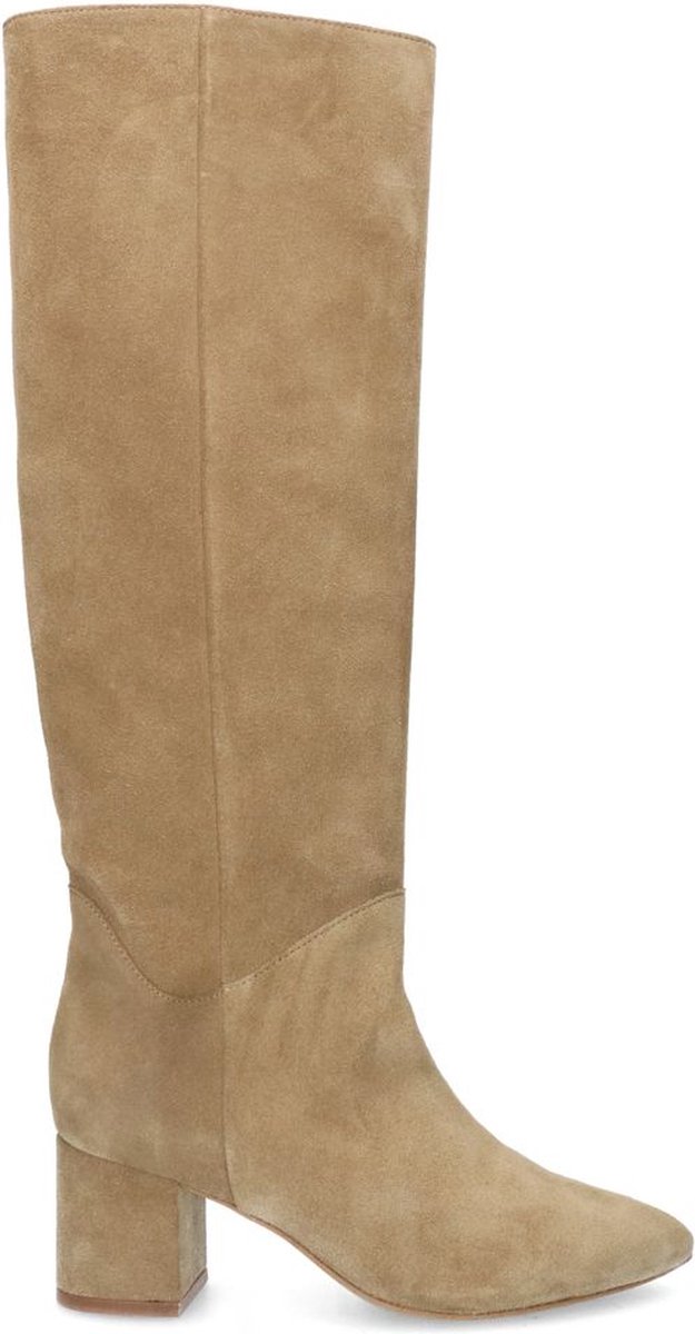 Beigefarbene Veloursleder-Stiefel mit Absatz