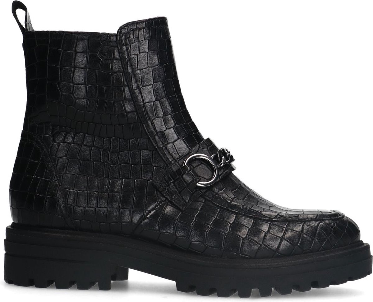 Schwarze Lederboots mit Krokomuster und Ketten-Detail