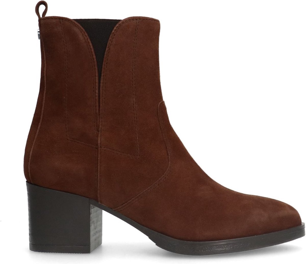 Cognacfarbene Absatz-Stiefeletten aus Veloursleder
