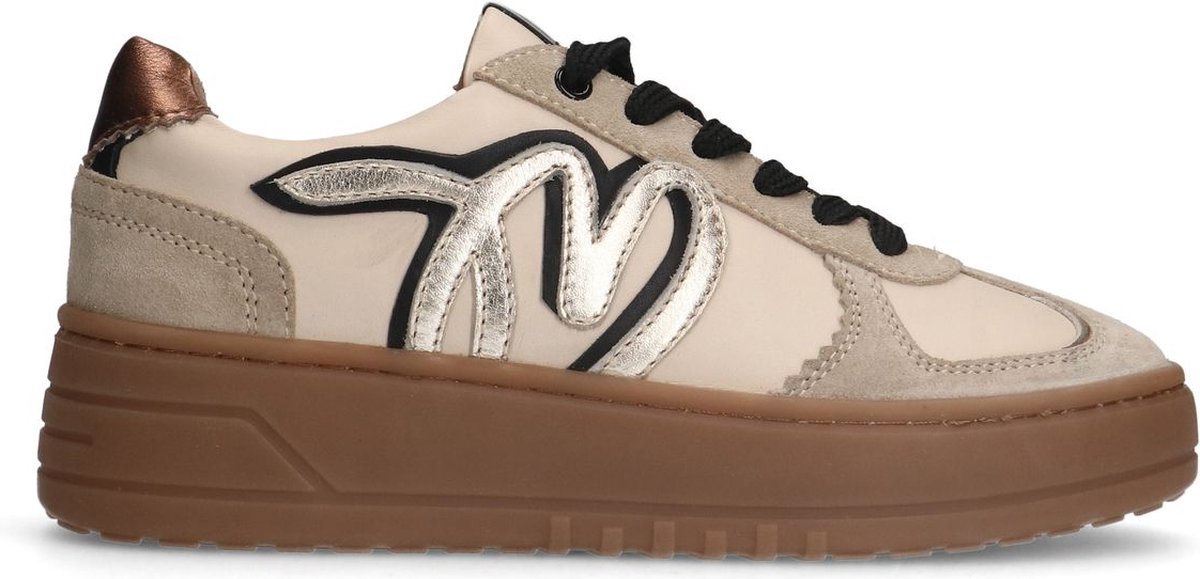 Beigefarbene Ledersneaker mit goldfarbenen Details