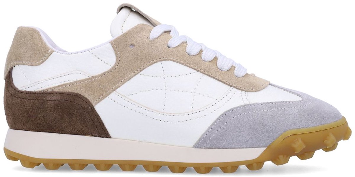 Weiße Ledersneaker mit beigefarbenen Veloursleder-Details