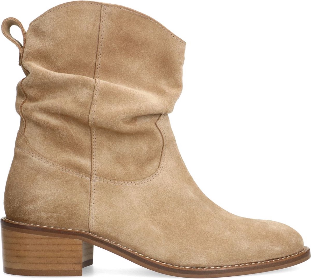 Beigefarbene Veloursleder-Stiefeletten mit Absatz