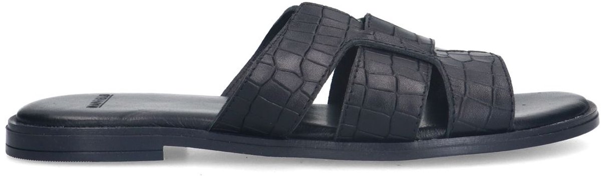 Schwarze Ledersandalen mit Krokomuster