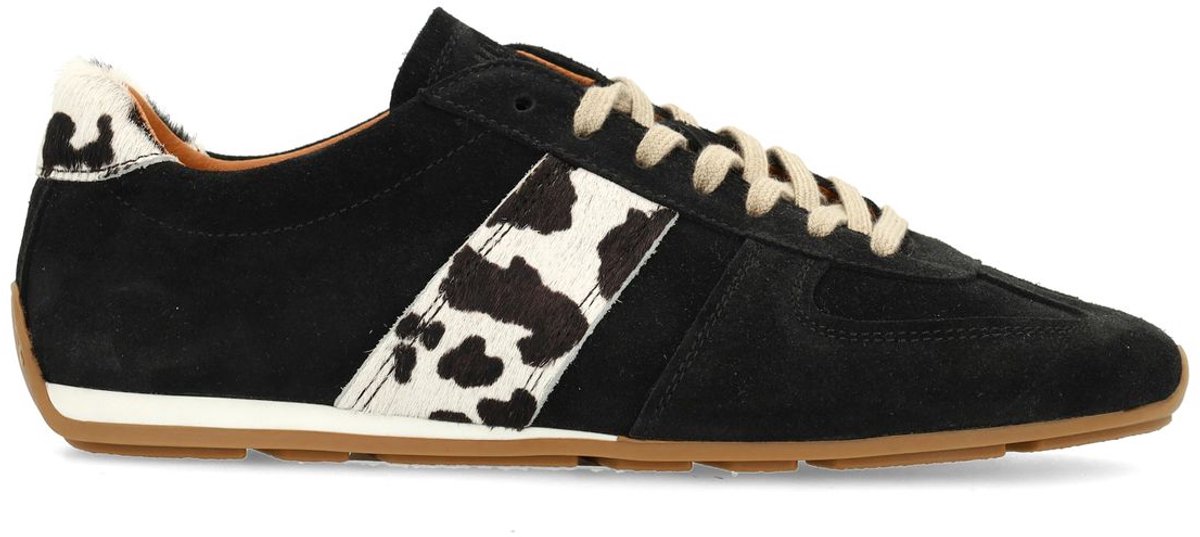 Schwarze Veloursleder-Sneaker mit Kuhfellmuster-Detail