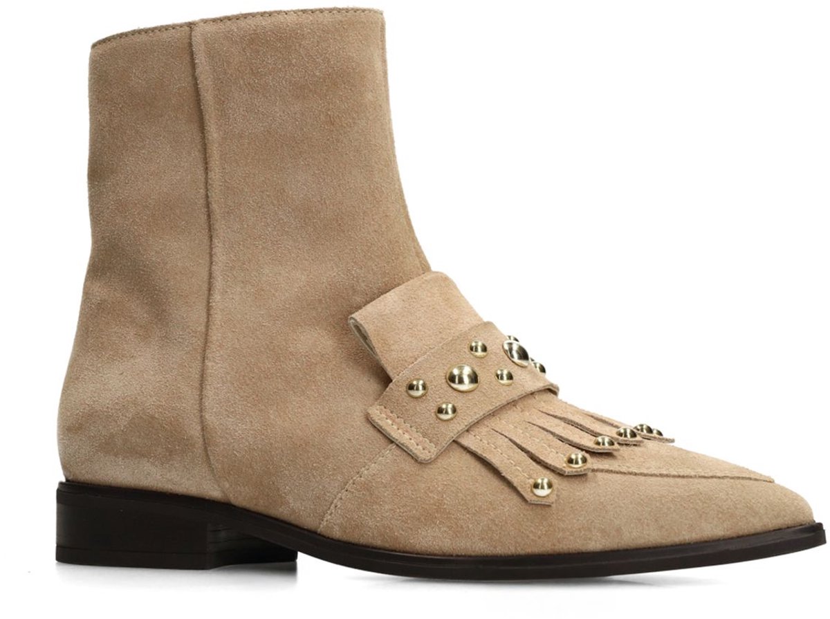 Taupefarbene Veloursleder-Stiefeletten mit Nieten