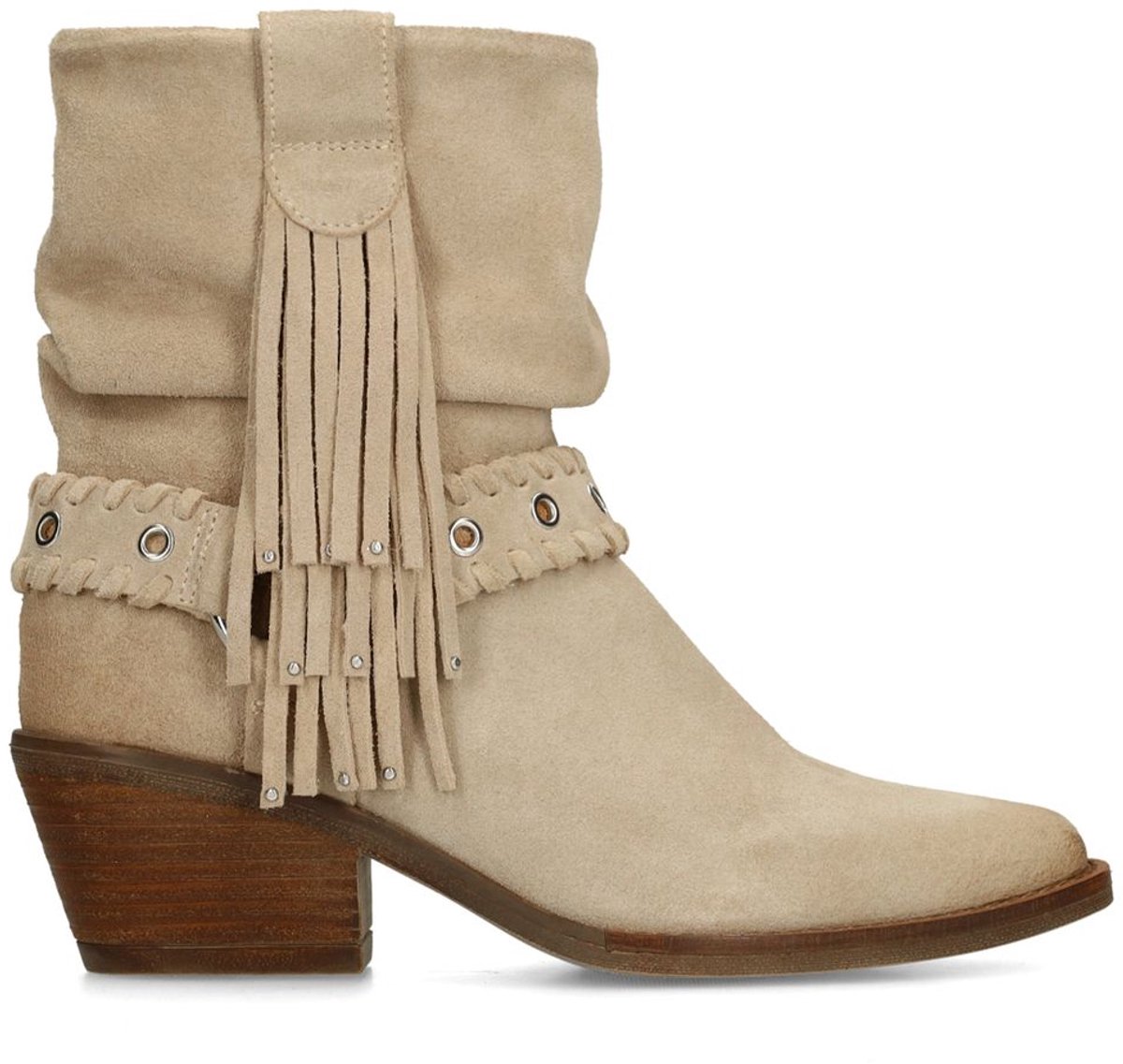 Beigefarbene Veloursleder-Stiefeletten mit Fransen