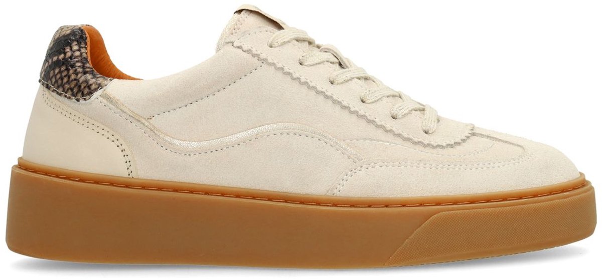 Beigefarbene Veloursleder-Sneaker mit Schlangenmuster-Detail