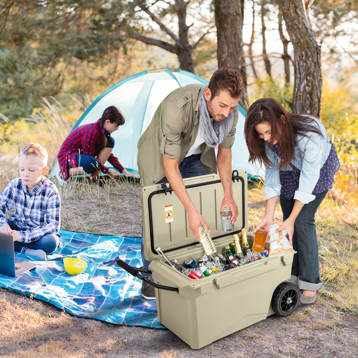 Costway 71L Isolierbox mit Flaschenöffner & Griff & Rädern Tragbare Kühlbox Wärmebehälter Khaki