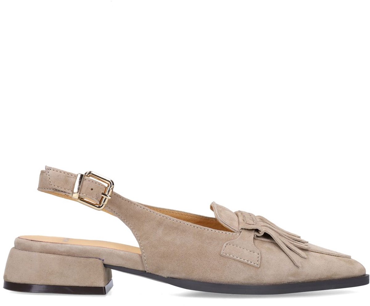 Taupefarbene Veloursleder-Slingbackpumps mit Fransen