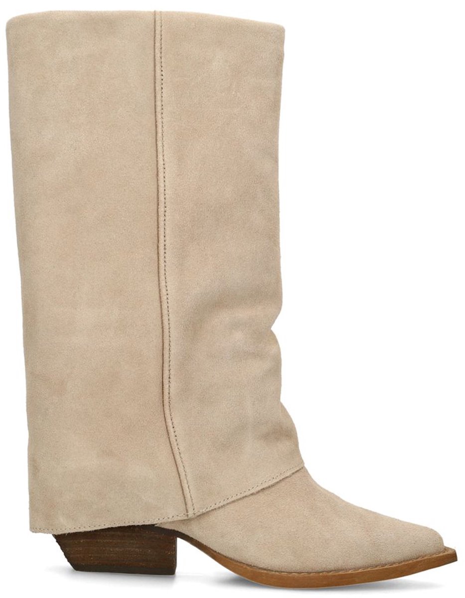 Beigefarbene Veloursleder-Stiefel mit Umschlag
