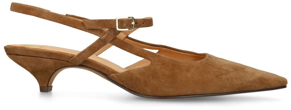 Cognacfarbene Veloursleder-Slingbacks mit Kitten Heel