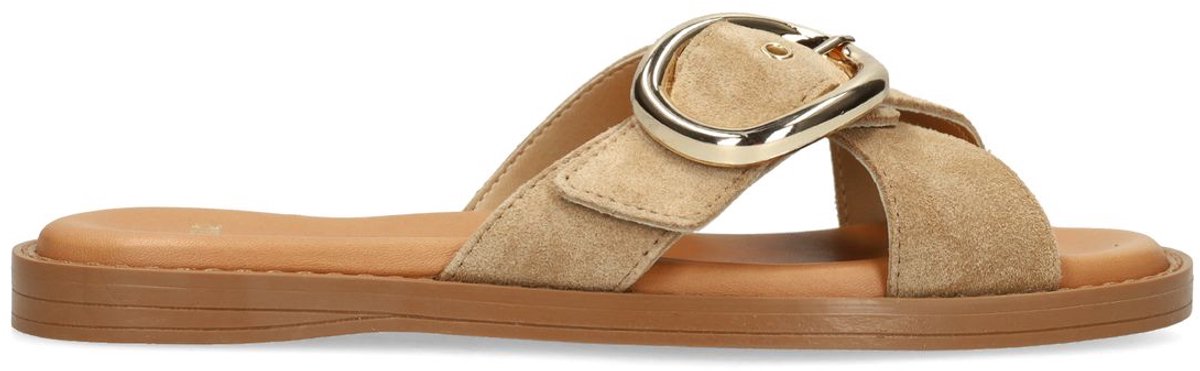 Beigefarbene Veloursleder-Sandalen mit Schnalle