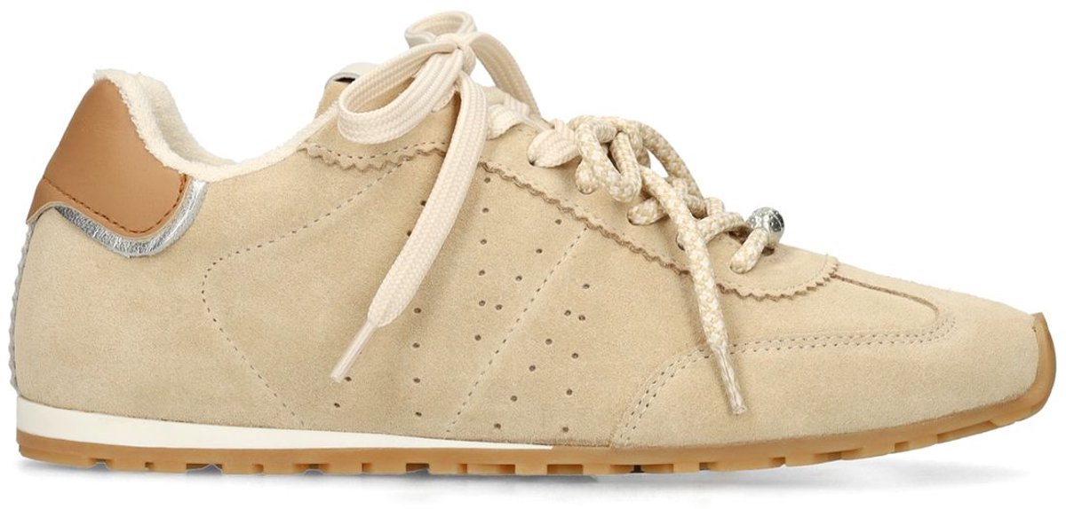 Beigefarbene Veloursleder-Sneaker mit zwei Schnürsenkeln