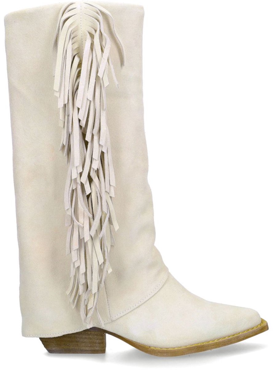 Offwhite Veloursleder-Cowboystiefel mit Fransen