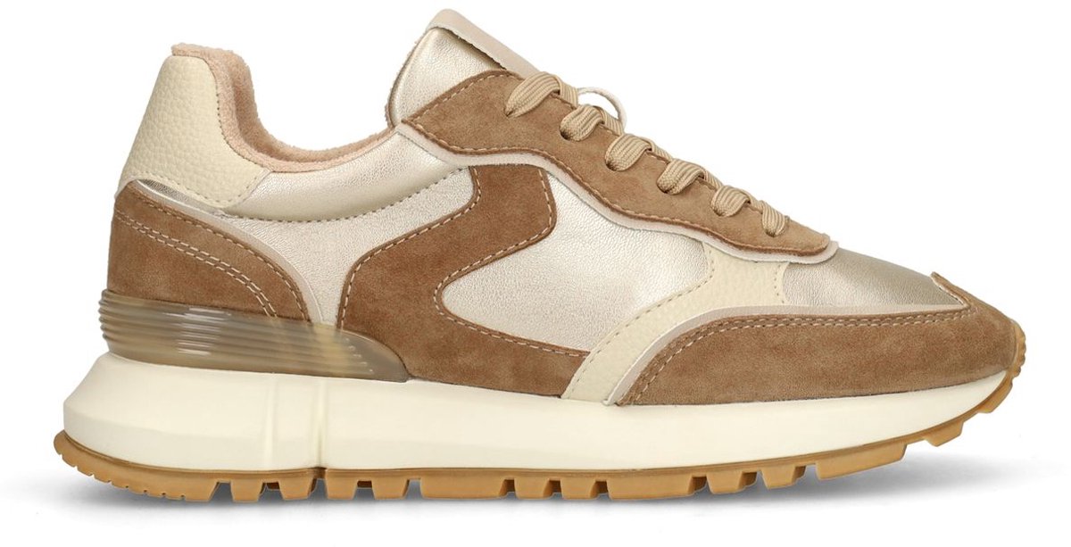 Goldfarbene Ledersneaker mit Veloursleder-Details