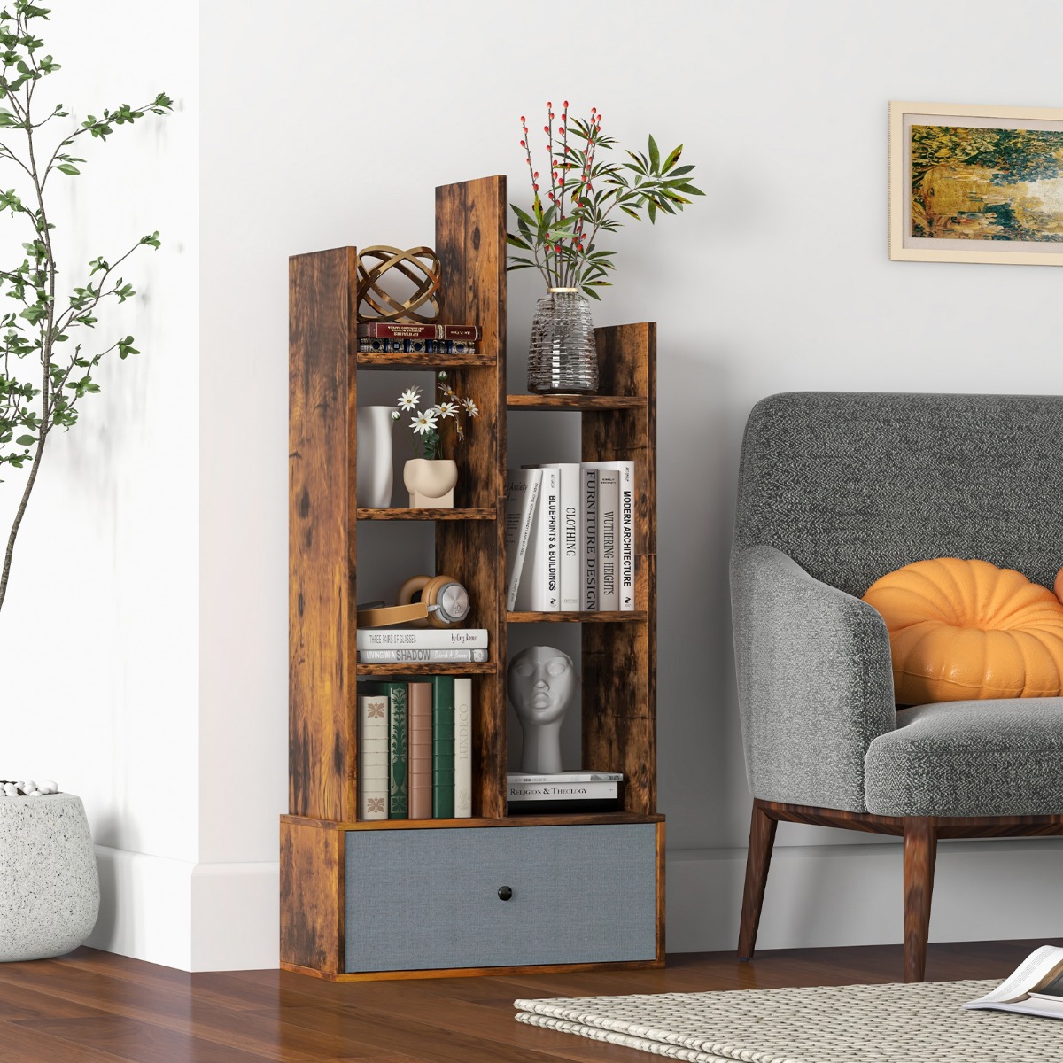 Costway 7-Stöckiges Offenes Bücherregal mit Schublade 53 x 24 x 118 cm Braun