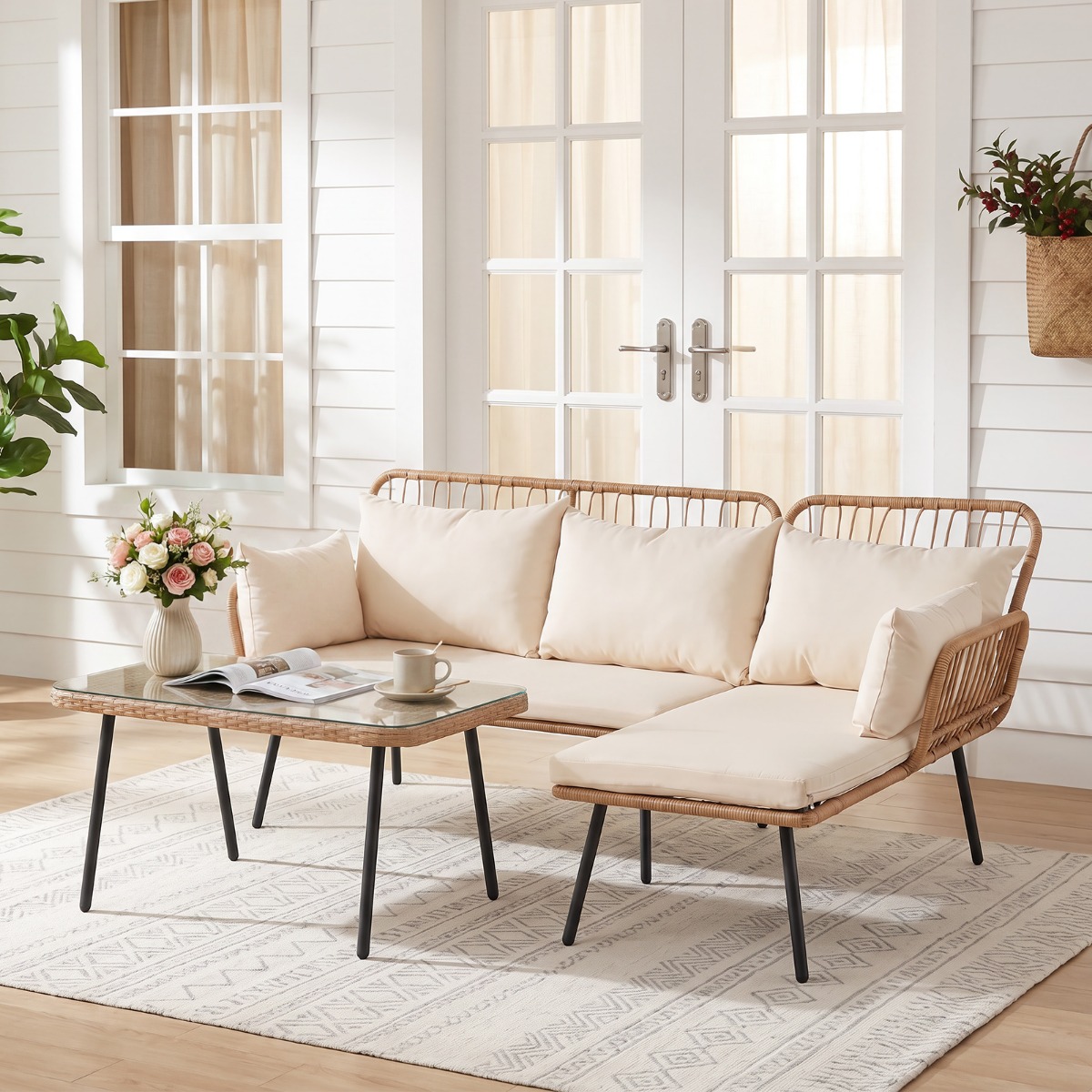 Costway 3-Teiliges Gartenmöbel Set Outdoor L-förmiges Sofa mit Couchtisch Rattan Sitzgruppe mit Metallrahmen