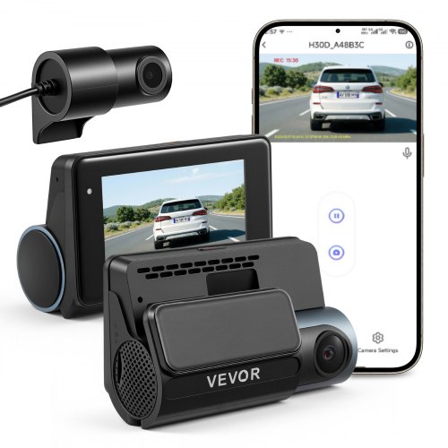 VEVOR Dash Cam fram och bak, 4K+1080P, WiFi-appkontroll, dubbelkanalig dashkamera för bilar med inbyggd GPS, G-sensor, fram 123° och bak 125°, 76,2 mm stor skärm, loopinspelning, parkeringsläge
