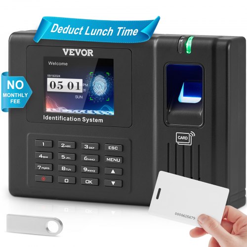 VEVOR Stämpelklocka, Närvaromaskin med fingeravtryck, RFID och PIN-stansning i ett, Fristående biometrisk klocka i maskin för anställda Småföretag med 5 RFID-kort och inga månadsavgifter