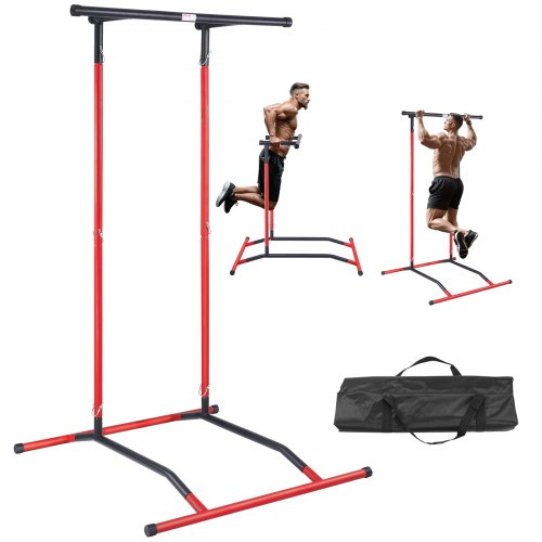 VEVOR Power Tower Dip Station, höjdjusterbart pull-up-stativ i 2 nivåer, multifunktionell styrketräningsutrustning, hemmagym, dip-stångsstation för hemmagym, viktkapacitet 220 kg, svart och röd