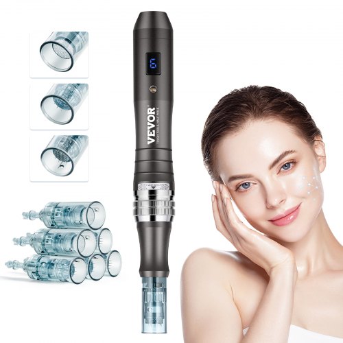 VEVOR Professionell Microneedling-penna, elektrisk dermapenna med 6 st engångspatroner, 6 hudvårdsapparater med variabel hastighet, LCD-skärm och 0-2,5 mm justerbar nållängd