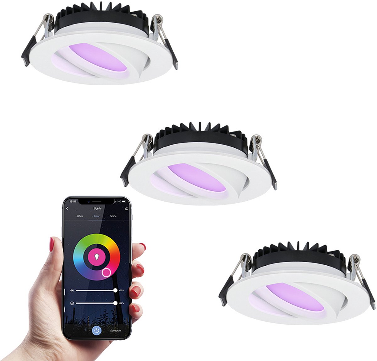 HOFTRONIC SMART - 3x smart LED Einbaustrahler Rome - Weiß - 6 Watt - WLAN & Bluetooth - RGBWW - IP44 - Dimmbar - Kippbar - Ultra flach