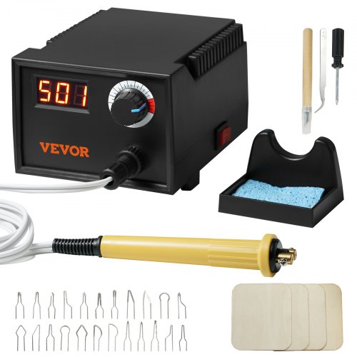 VEVOR Vedeldningssats, 200~700°C justerbar temperatur med display, vedeldare med 1 pyrografipenna, 23 trådspetsar, 1 pennhållare, 4 träflisor, 1 skruvmejsel, 1 pincett, 1 hobbykniv, 1 svamp