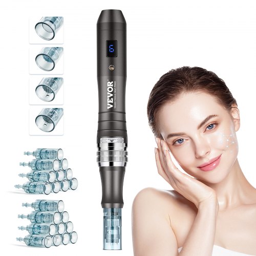 VEVOR Professionell Microneedling-penna, elektrisk dermapenna med 20 st engångspatroner, 6 hudvårdsapparater med variabel hastighet, LCD-skärm och 0-2,5 mm justerbar nållängd