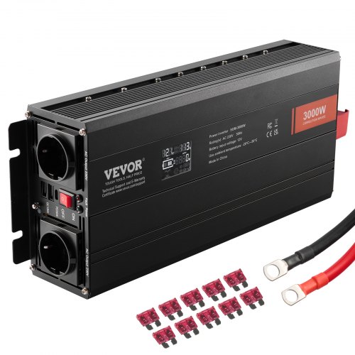 VEVOR Modifierad sinusvågsväxelriktare, 3000 watt, DC 12V till AC 230V LCD-skärm växelriktare med 3 AC-uttag 2 USB-port 1 typ-C-port 10 reservsäkringar, för stora hushållsapparater, CE FCC-certifierad