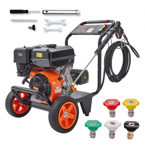 VEVOR Gasdriven högtryckstvätt, 4400 PSI 4.0 GPM, bensindriven högtryckstvätt med kopparpump, sprutpistol och förlängningsstav, 5 snabbkopplingsmunstycken, för rengöring av bilar, hem, uppfarter, uteplatser