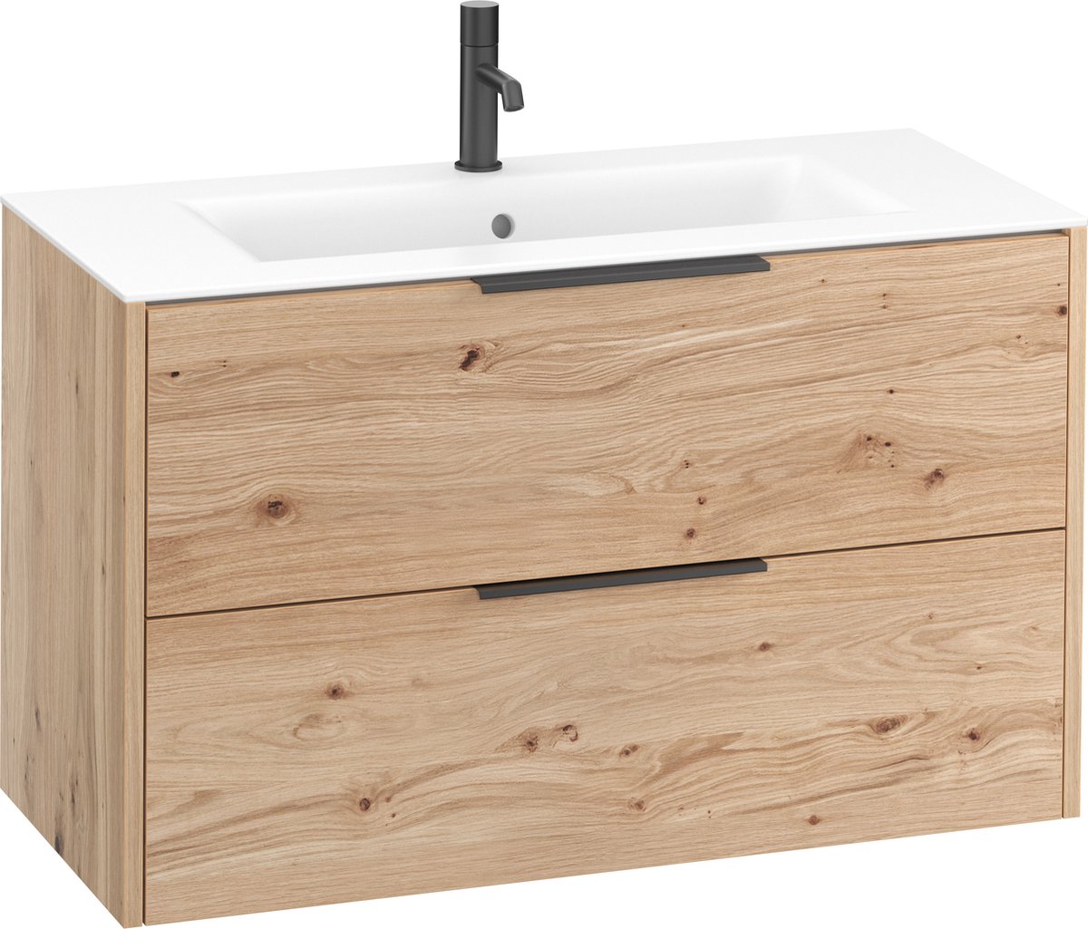 Saqu Lima vormontiertes Badmöbel mit mattschwarzem Griff inkl. mattem Keramikwaschbecken 101x46cm Natureiche