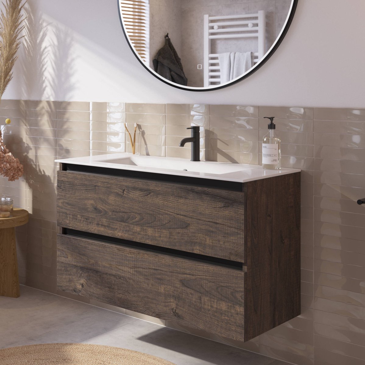 Saqu Gaia Badmöbelset inkl. Keramikwaschbecken 101x46cm Schlossbraun mit schwarzer Griffleiste