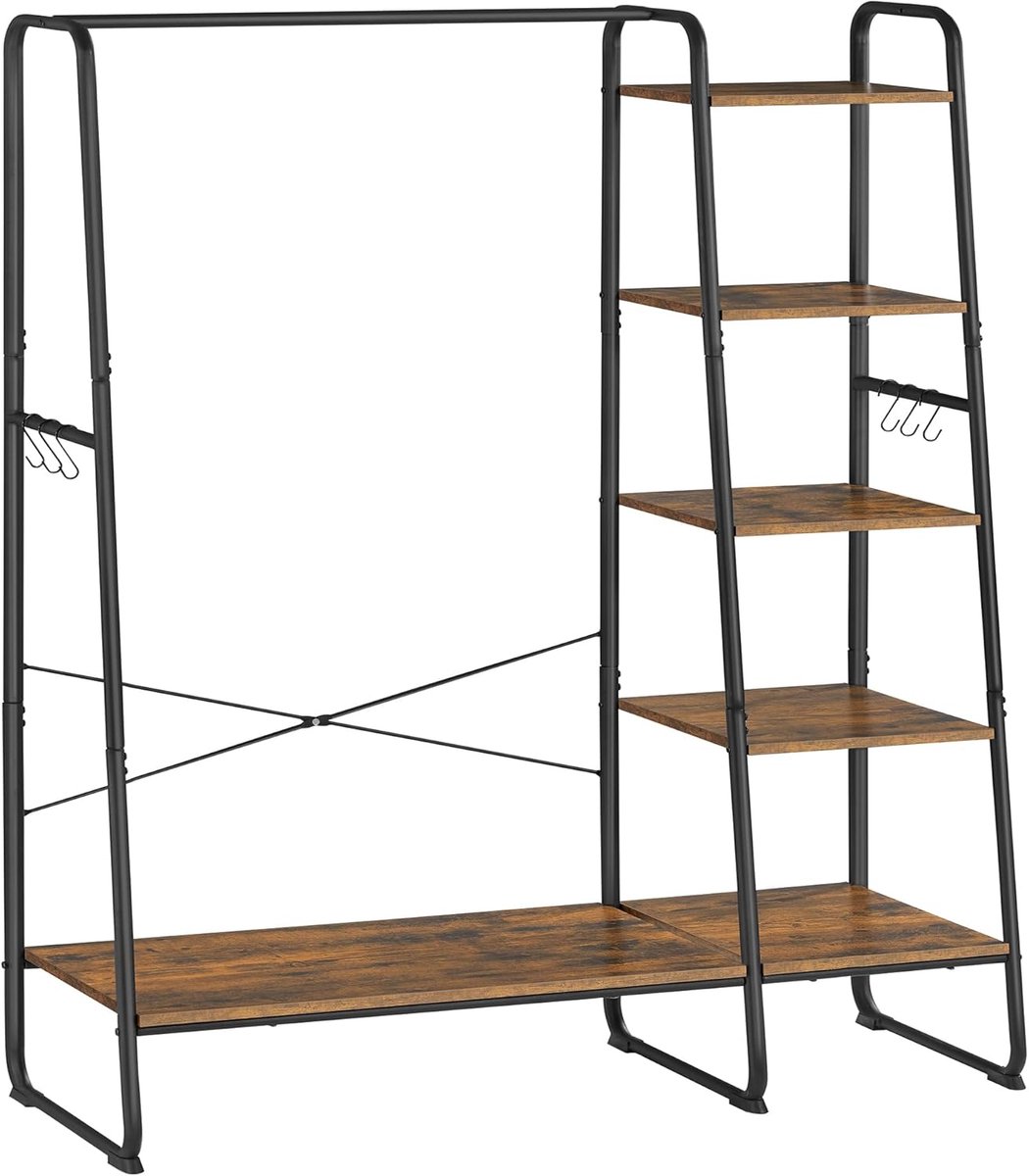 Kleiderständer 5 Ebenen offen mit Kleiderstange und Schuhablage, Rustic Brown + Schwarz